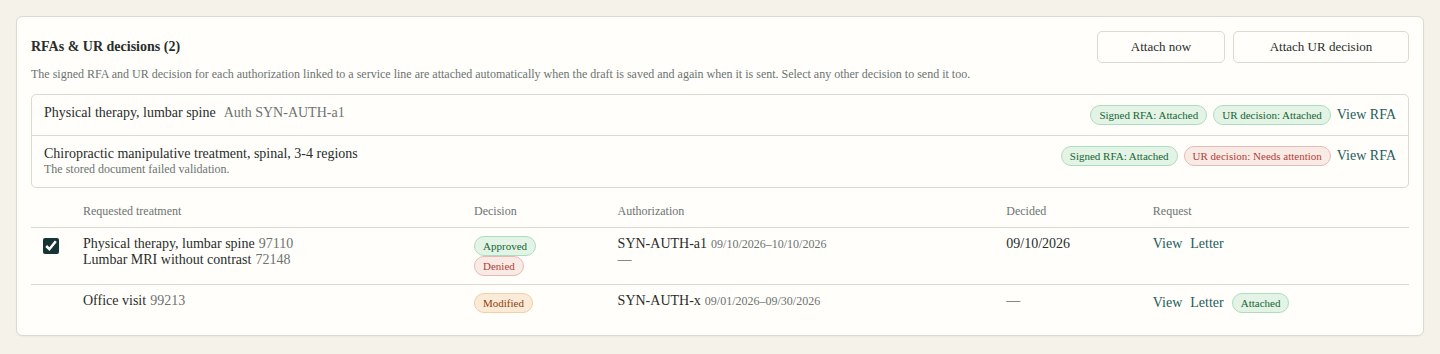 BillUrDecisions with linked authorizations and a table of UR decisions
