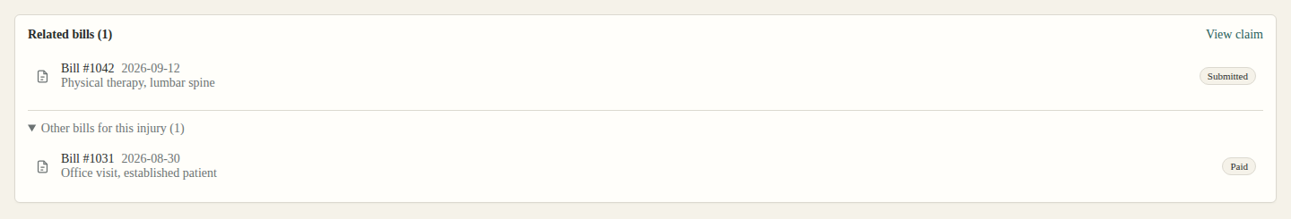 RelatedAuthorizationRecords listing a linked bill and another bill for the same injury