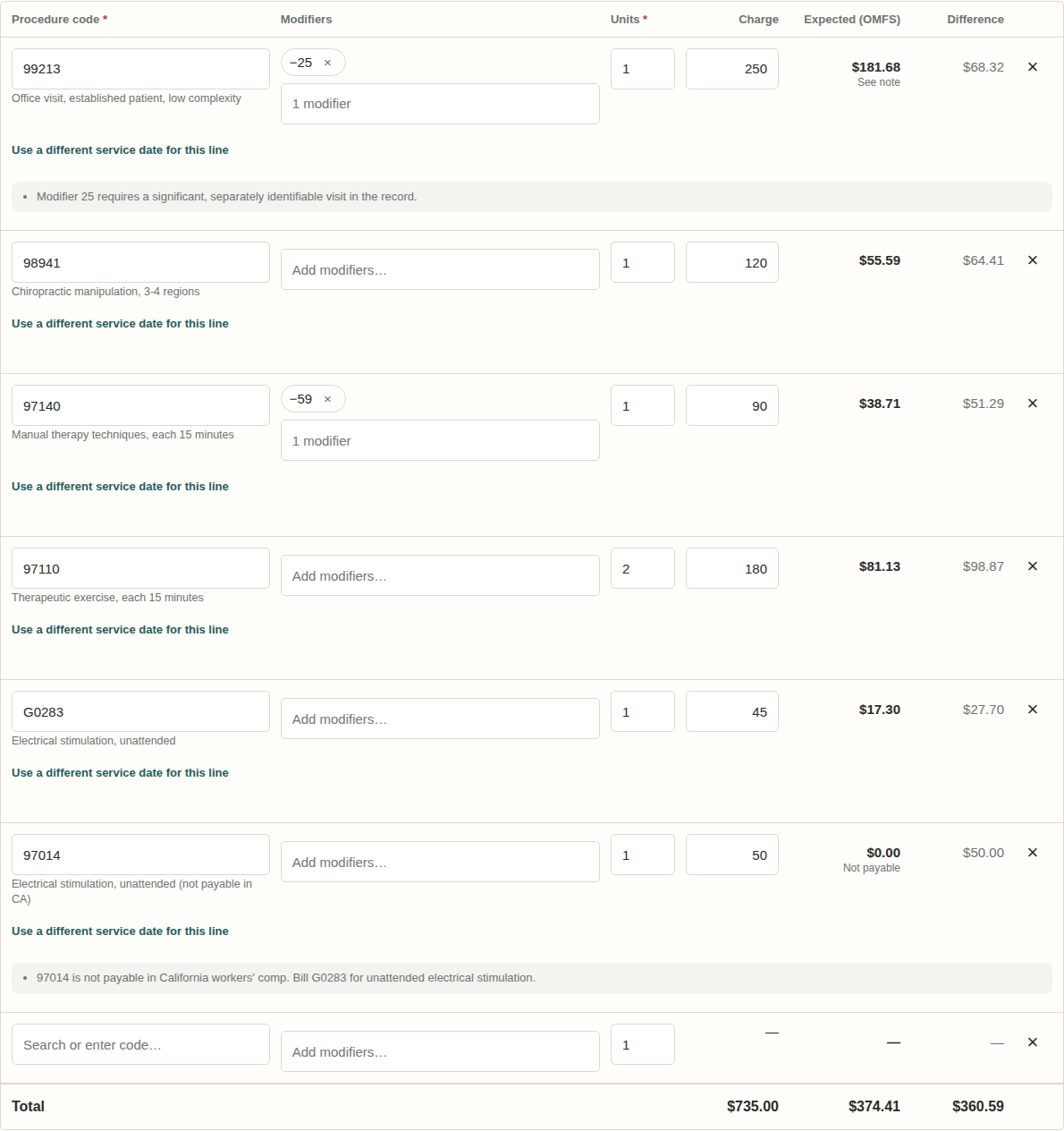 Treatment bill service lines with Charge, Expected (OMFS), and Difference columns and a totals row