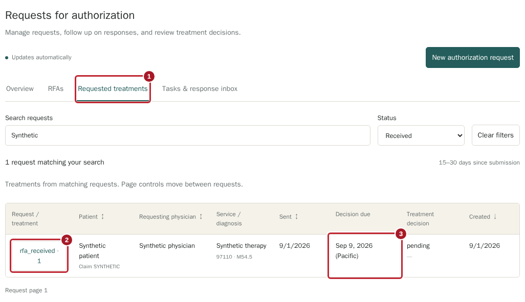 Requested treatments tab and request link