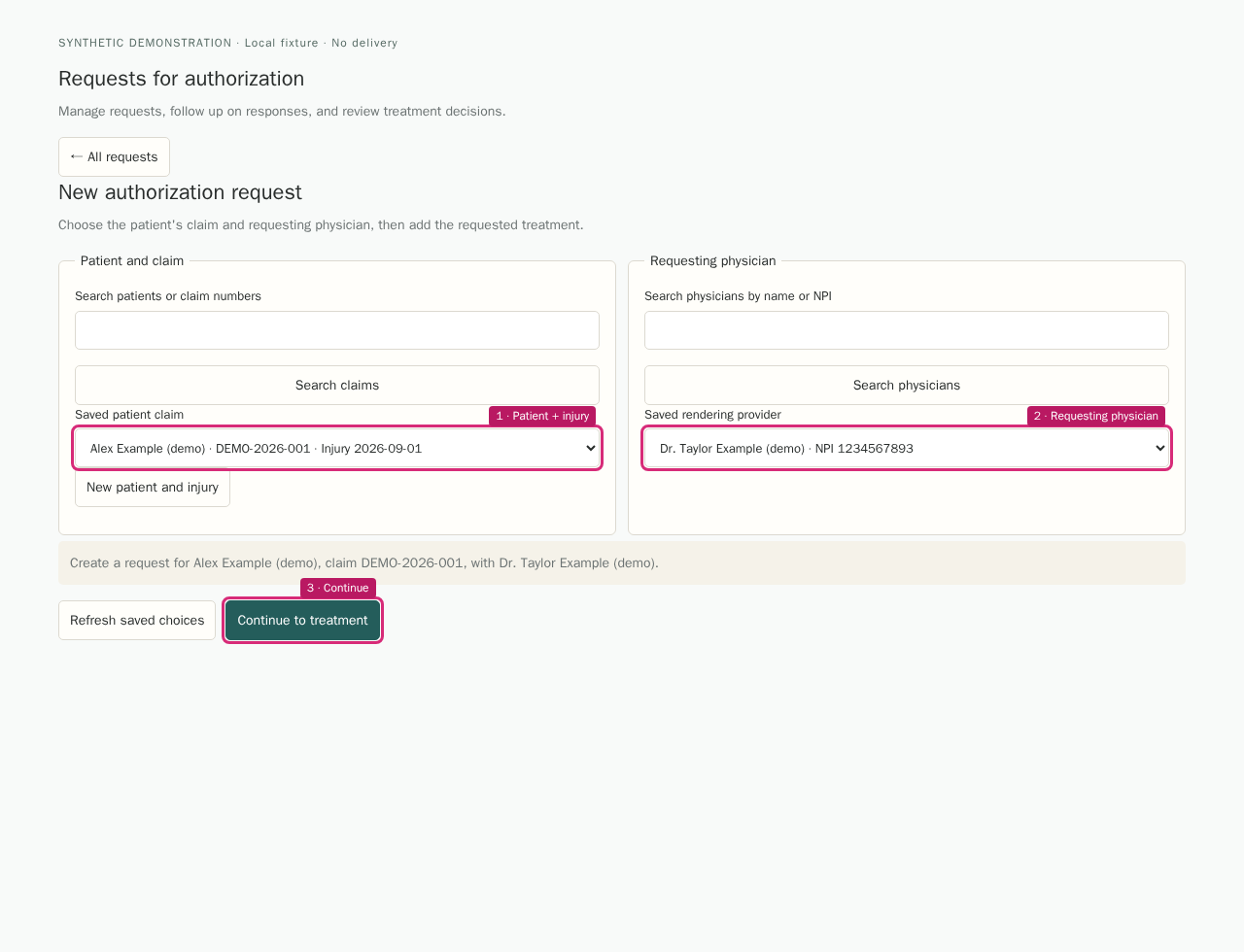 Select the patient, injury claim, and requesting physician in the RFA component with highlighted controls