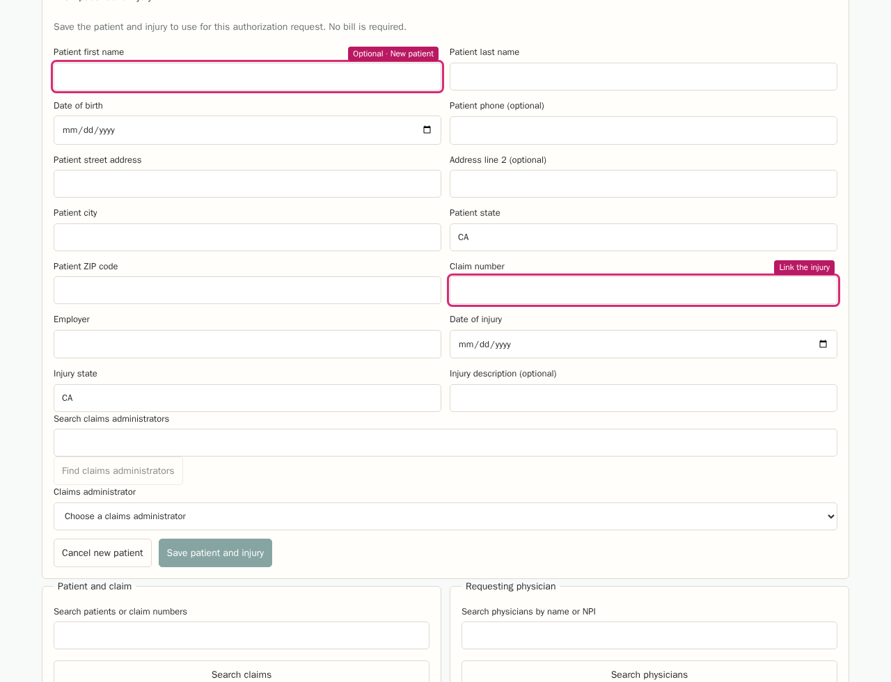 Add a patient and injury when needed in the RFA component with highlighted controls