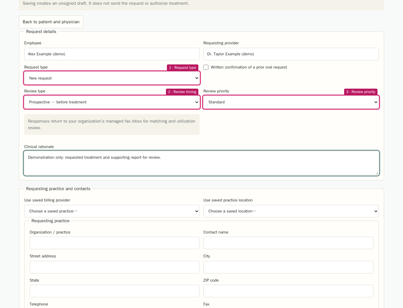Set the request and review options in the RFA component with highlighted controls