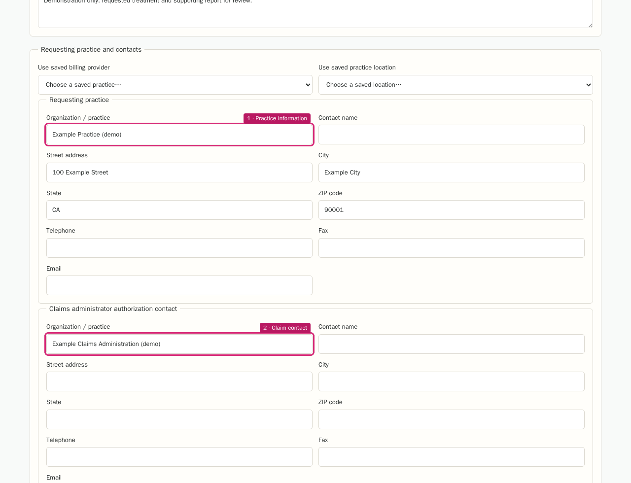 Check the practice and authorization contact in the RFA component with highlighted controls