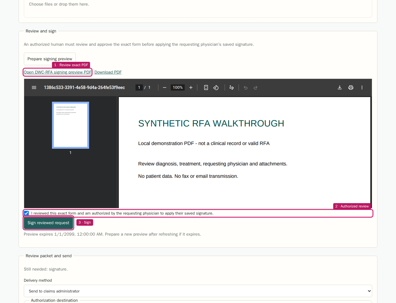 Review the exact form and sign in the RFA component with highlighted controls