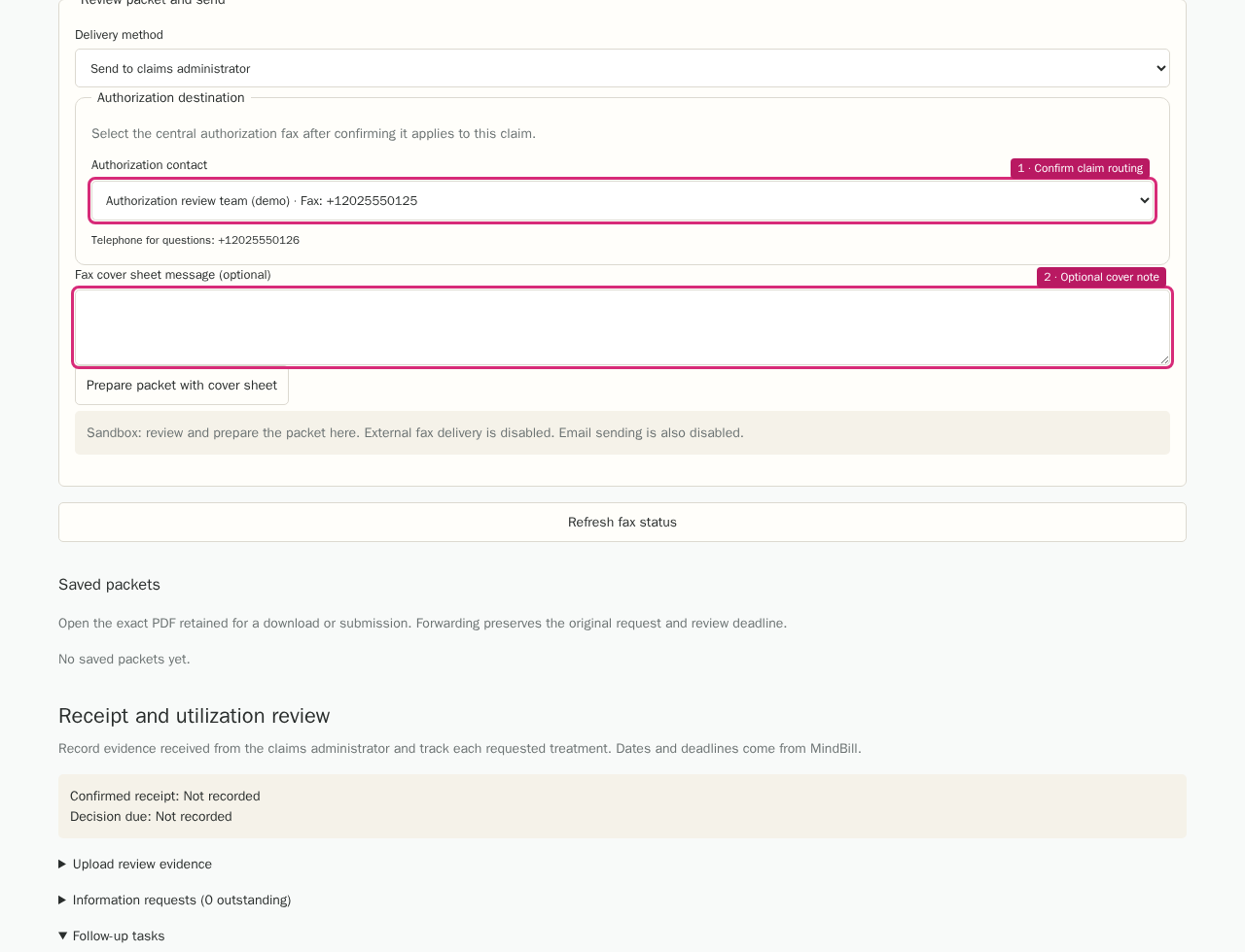 Confirm the claims administrator's destination in the RFA component with highlighted controls