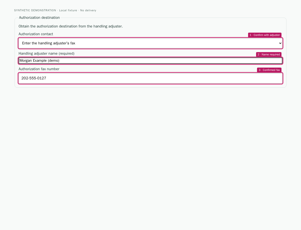 Enter a named adjuster's fax when required in the RFA component with highlighted controls