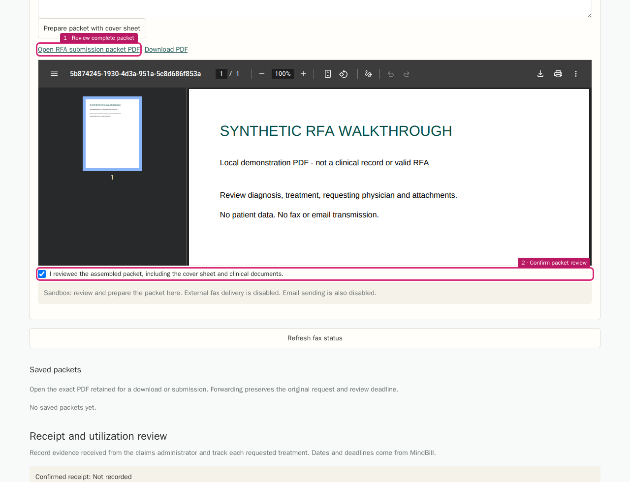 Review the complete packet in the RFA component with highlighted controls