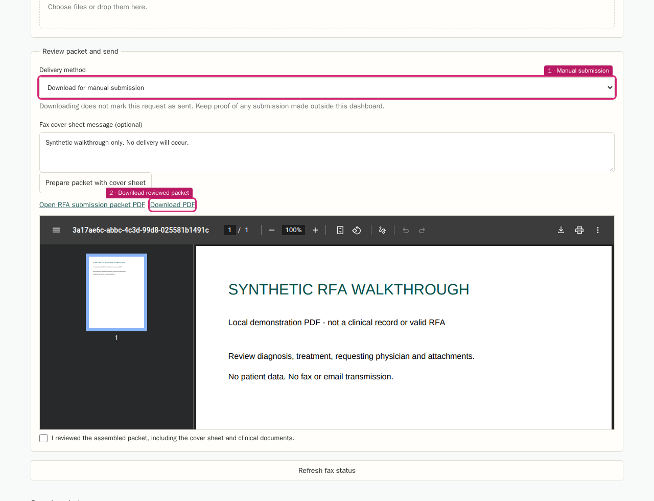 Download for manual submission in the RFA component with highlighted controls