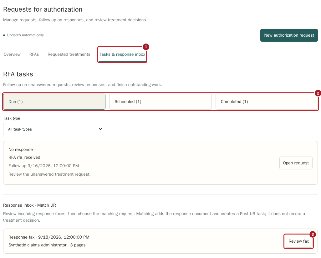 Open the task board and response inbox with highlighted controls