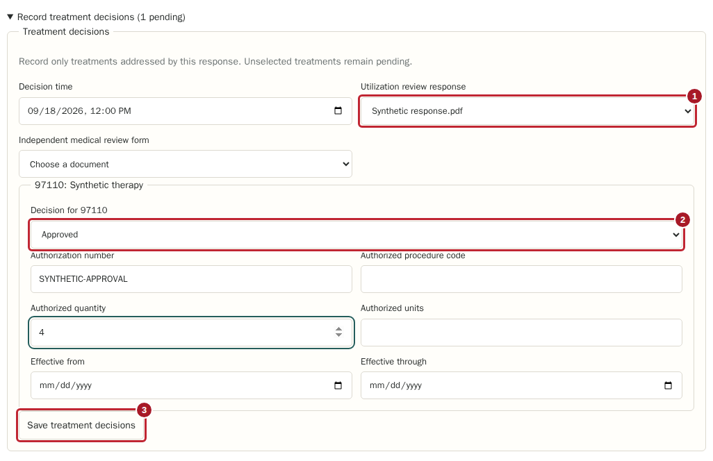 Record each treatment decision with highlighted controls